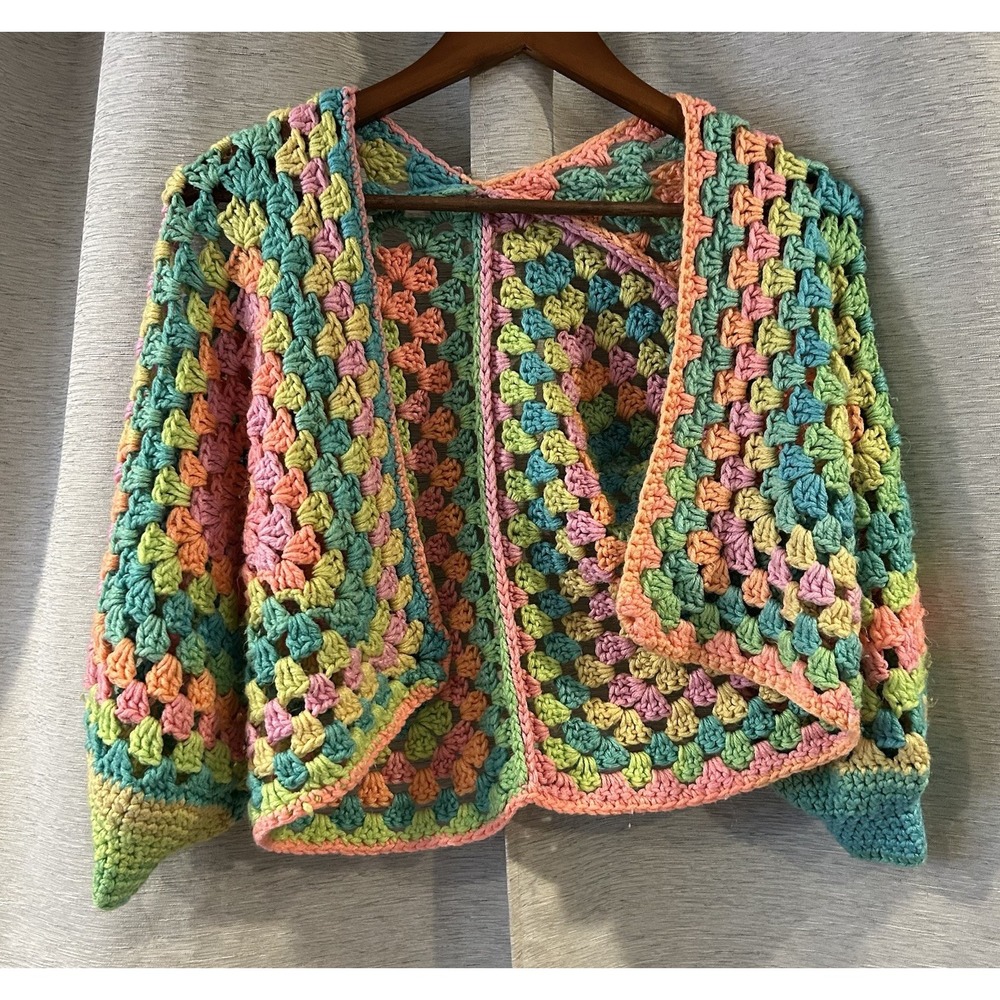 Handmade vibrant, multi-colored crochet hexagon Cropped cardigan‎ Retro